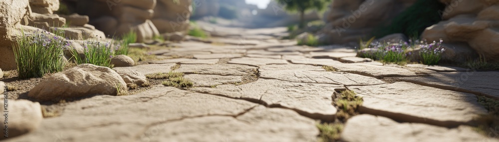 Obraz premium Ancient stone path, sunlight, plants, rocky canyon. Game background