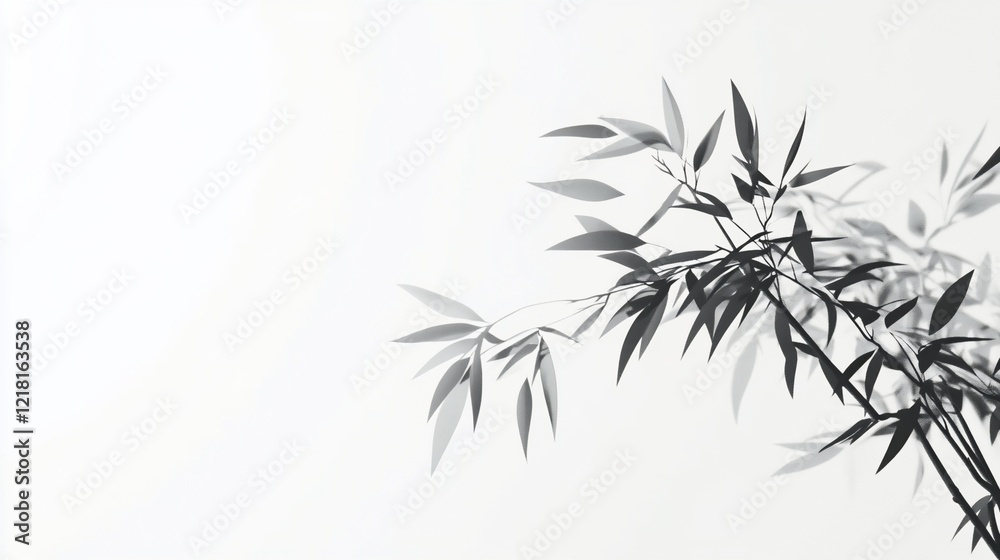 Obraz premium Monochrome bamboo leaves against white wall, minimalist design, nature background, website banner