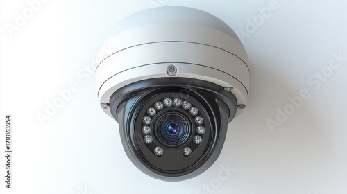 Modern dome security camera, white casing, black lens. Ideal for illustrating security systems, surveillance, and safety concepts. photo