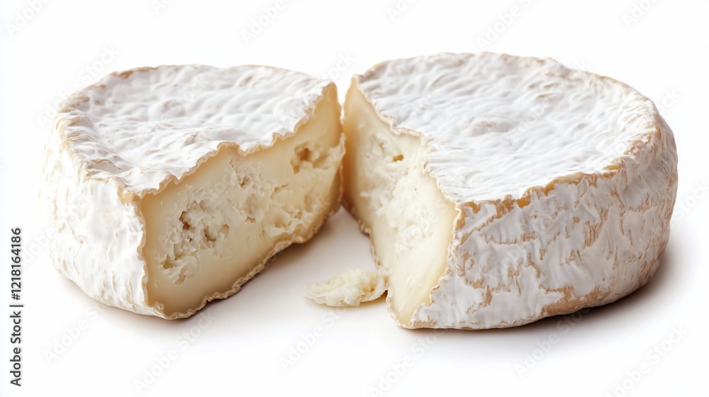 Creamy Camembert cheese halved, white background, studio shot, food photography Creamy Camembert cheese halved, white background, studio shot, food photography