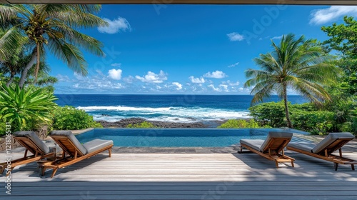 Wallpaper Mural Oceanfront pool with lounge chairs and palm trees. Torontodigital.ca