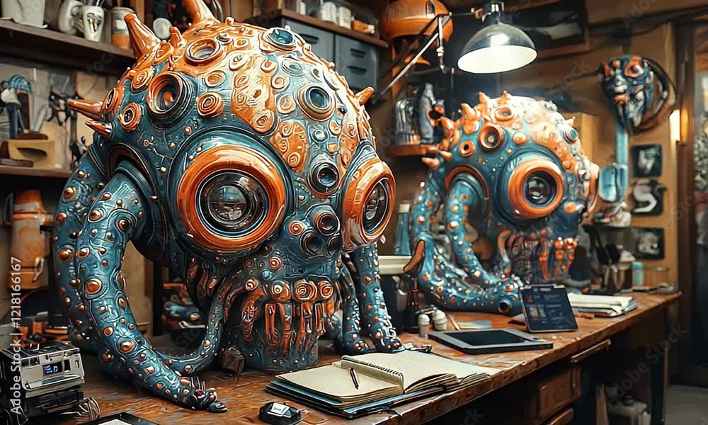 Two ornate, biomechanical octopus robots on a workshop table