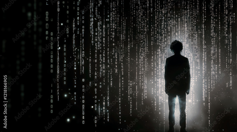 Silhouette in Digital Rain: A Cyberpunk-Style Digital Art