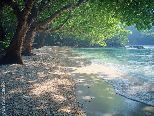 Tranquil tropical beach with turquoise water and shady trees on a sunny day photo