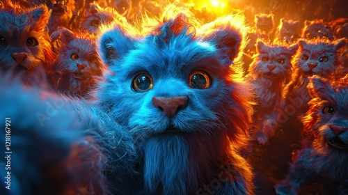 A whimsical gathering of blue and orange furry creatures in an otherworldly setting