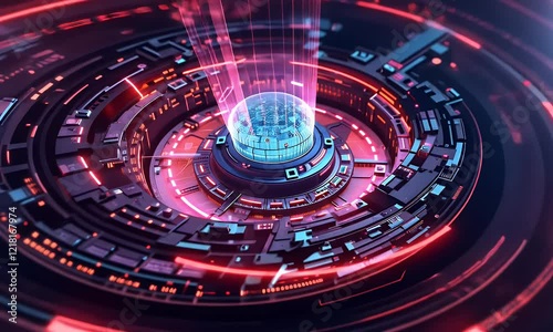 Wallpaper Mural Abstract Futuristic Technology Background Animation: Red and Blue Neon Lights Illuminate Rotating Circuitry, Revealing a Central Data Sphere with Glowing Lines Torontodigital.ca