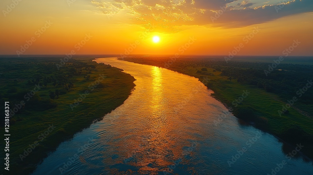 Aerial view of a golden sunset over a wide river flowing through green lands with a stunning reflection Aerial view of a golden sunset over a wide river flowing through green lands with a stunning reflection