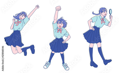 ジャンプして喜ぶアニメ調の女子学生