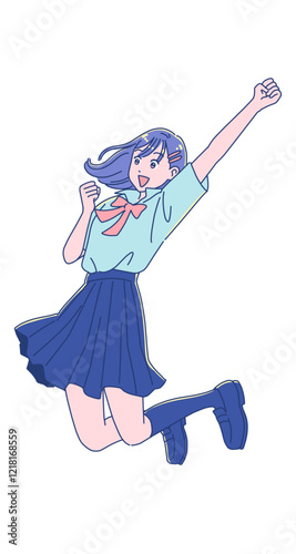 ジャンプして喜ぶアニメ調の女子学生
