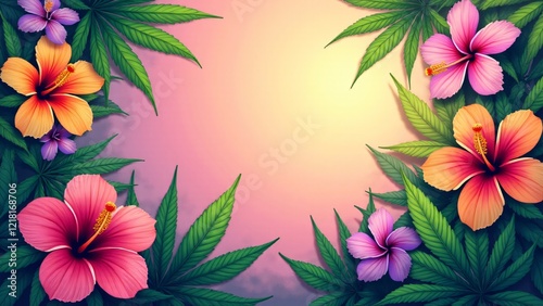 A vibrant fusion of cannabis leaves and tropical flowers like hibiscus and orchids, set against a sunset gradient background. A perfect blend of natural beauty and exotic elegance.