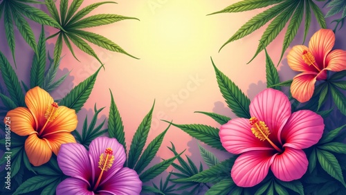 A vibrant fusion of cannabis leaves and tropical flowers like hibiscus and orchids, set against a sunset gradient background. A perfect blend of natural beauty and exotic elegance.