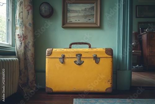 A vibrant yellow suitcase, ready for a journey, resembles a miniature toy truck, hinting at exciting travel adventures photo