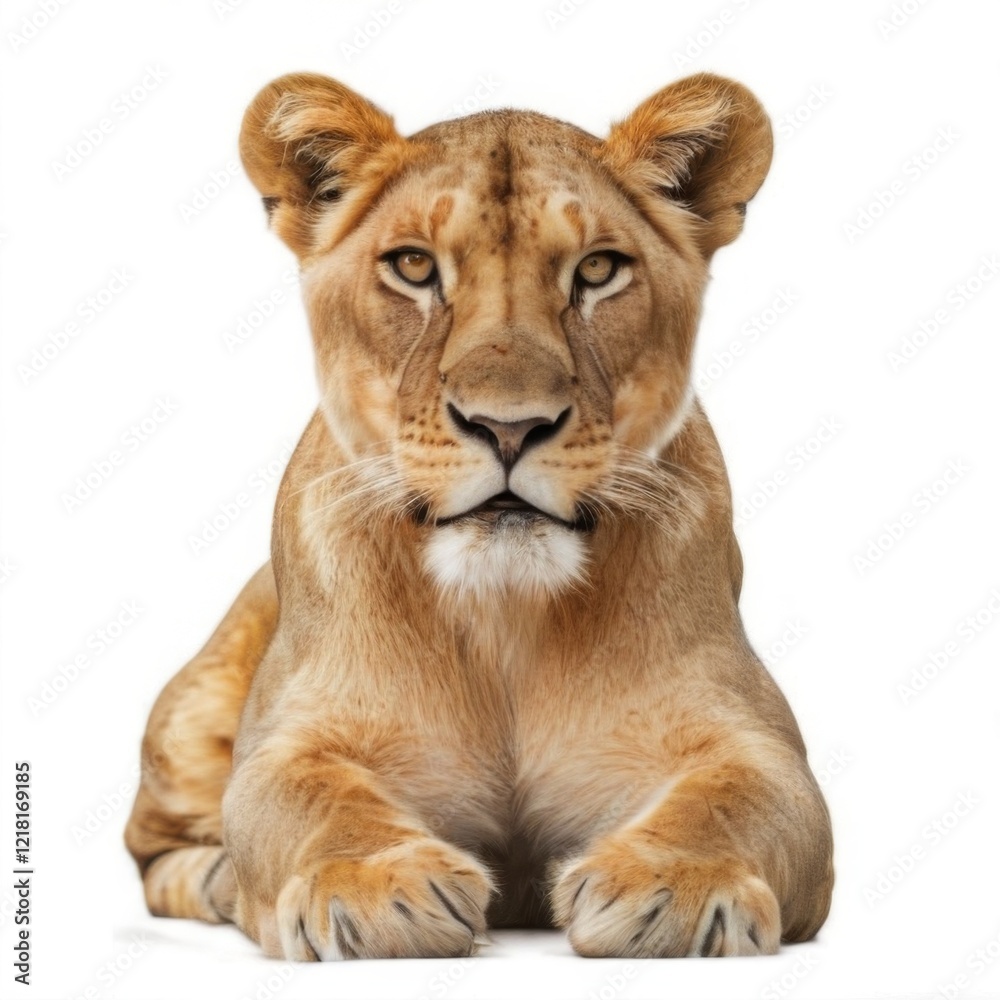 Obraz premium Closeup portrait of lioness with serious expression, goldenbrown fur, and yellow eyes lying on white background.