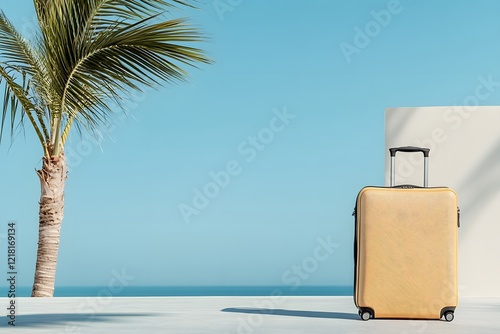 A vibrant yellow suitcase, ready for a journey, resembles a miniature toy truck, hinting at exciting travel adventures photo