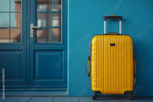 A vibrant yellow suitcase, ready for a journey, resembles a miniature toy truck, hinting at exciting travel adventures photo