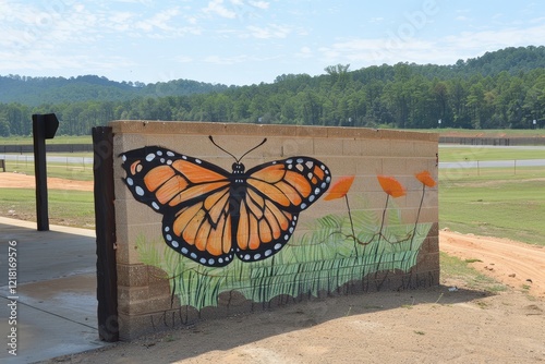 A vibrant mural of a Monarch butterfly adorned with flowers, set against a scenic landscape of hills and clear skies. photo