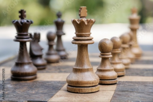 Wooden chess pieces on board, outdoor setting with crown piece. Rustic, vintage feel with blurred background of trees.