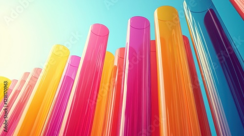 Colorful transparent tubes create vibrant and artistic display against bright blue sky, showcasing playful and modern aesthetic
