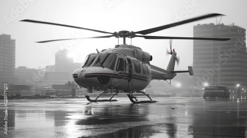 Emergency Medical Helicopter Landing on Hospital Helipad for Urgent Care Transportation in Urban Setting photo