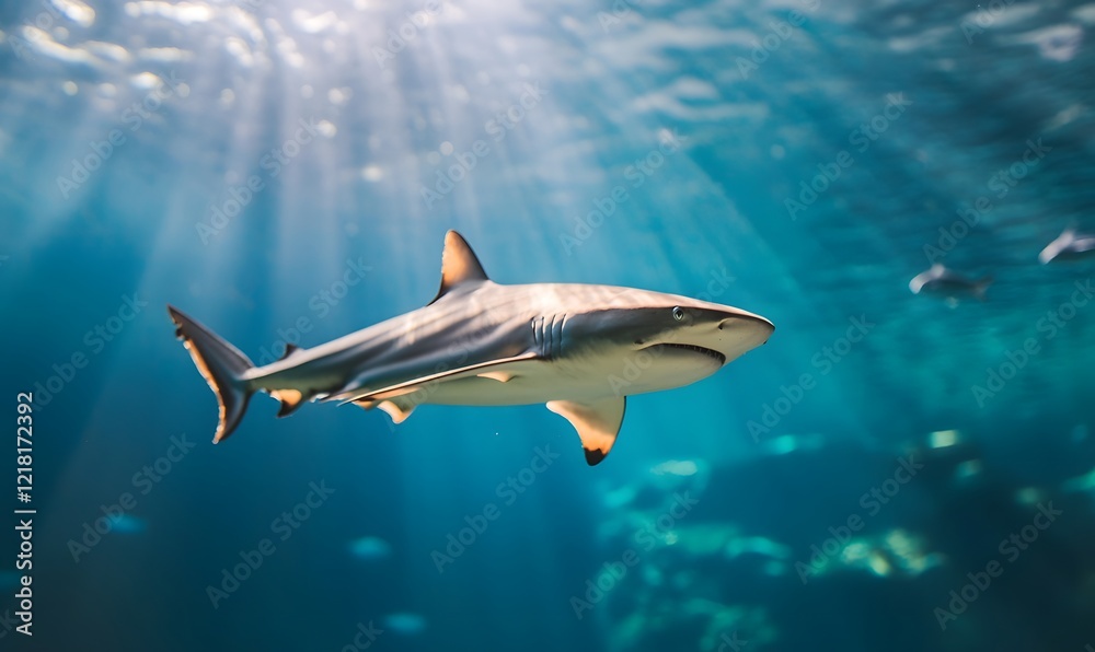 Fototapeta premium The shark tunnel in the aquarium is illuminated by sunlight, Generative AI 