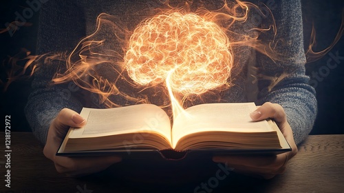 A person is holding an open book with a glowing brain on the pages
