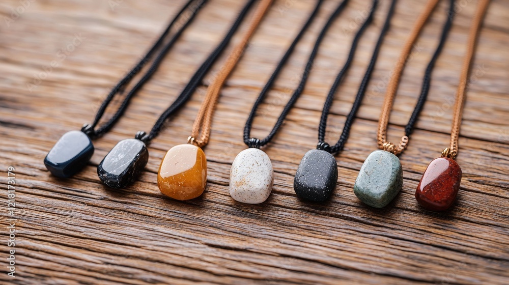 Colorful stones and stone pendants arranged on a wooden surface for artistic display and decoration Colorful stones and stone pendants arranged on a wooden surface for artistic display and decoration