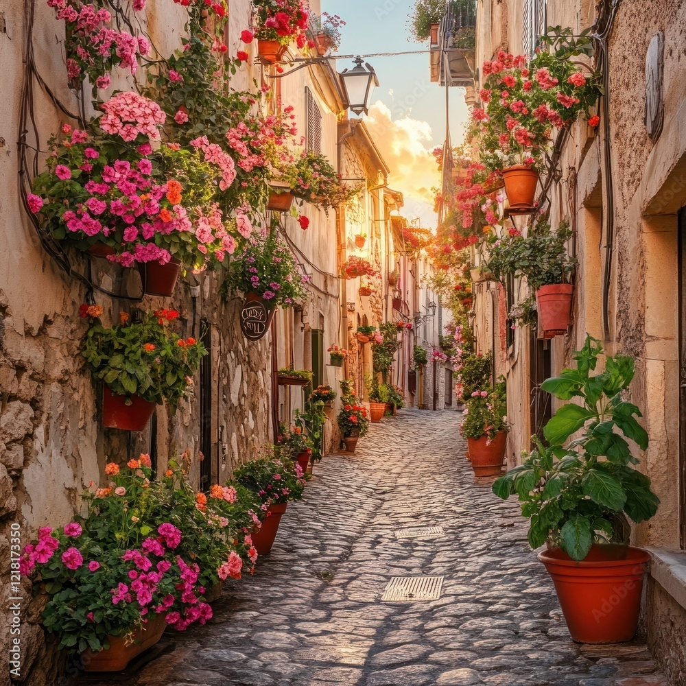 Naklejka premium Picturesque European Street, Sunlit Cobblestone Alleyway, Blooming Flower Pots, Charming Old Town, Romantic European Setting