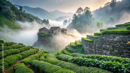 Dense tea plants covered in mist and fog, with ancient stone walls in the background photo