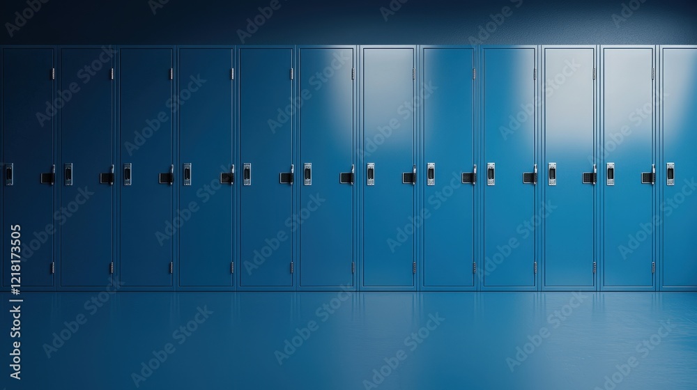 Row of blue and steel lockers in a school or gym changing room for storage and organization Row of blue and steel lockers in a school or gym changing room for storage and organization