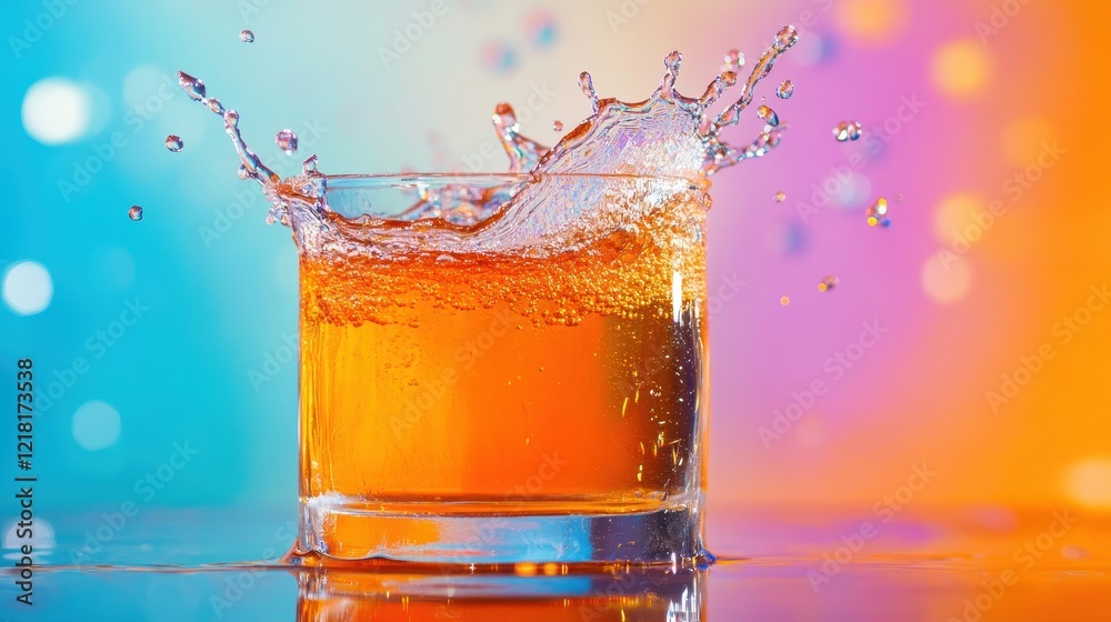 An action-packed shot of beer splashing from a glass, with droplets flying in mid-air against a clean, modern background.