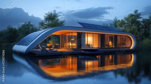 Modern, solar-powered floating home at dusk. Illustrates sustainable, luxury waterfront living.
