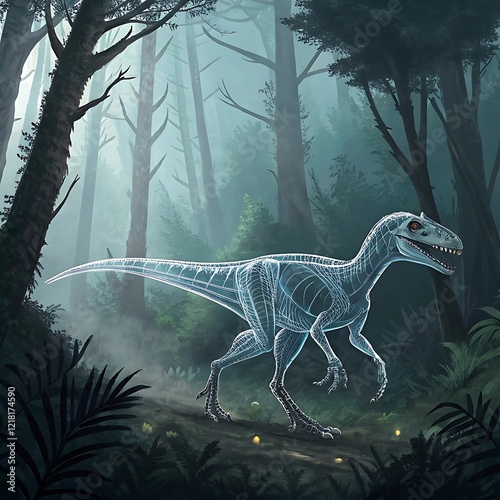 A raptor with a glass-like, shimmering body, its internal organs and bones faintly visible. It moves stealthily through a Jurassic jungle, blending with its surroundings like a living ghost.ai generat photo