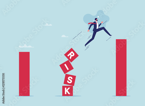 Businessman jumping over the financial graph in uncertain situation, taking risk, financial risk, challenge, success and leadership concept