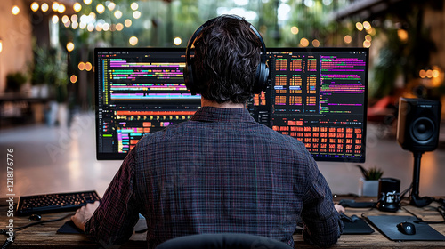 Software Developer Working Late at Night, Immersed in Programming and Music Production photo