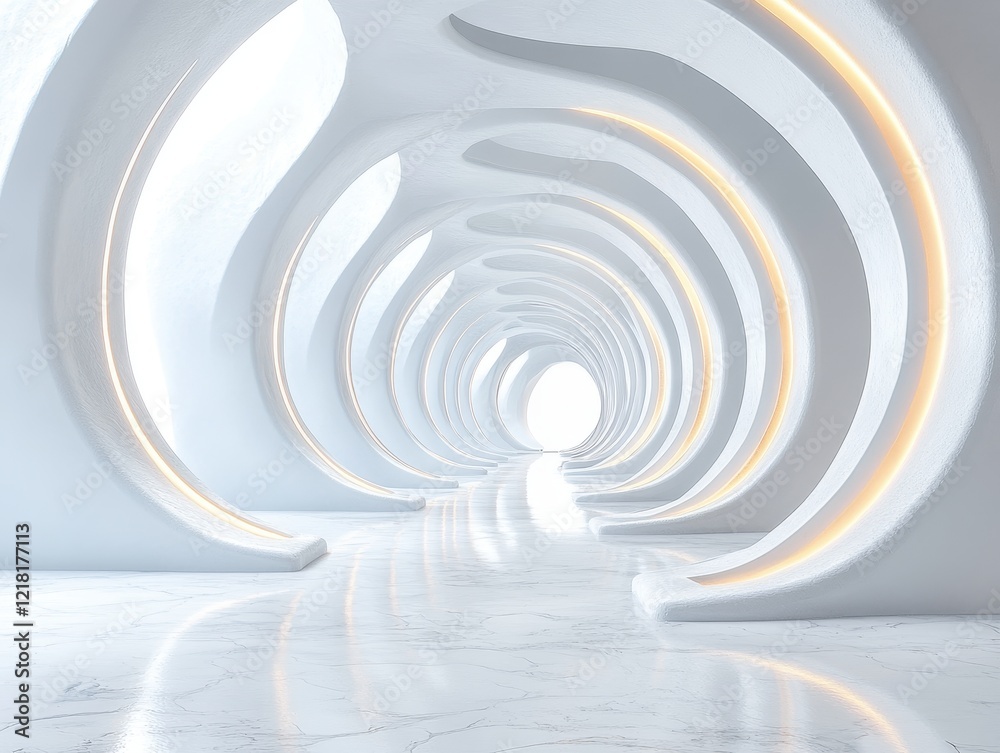 Obraz premium A futuristic, curved corridor with soft lighting and a bright exit.