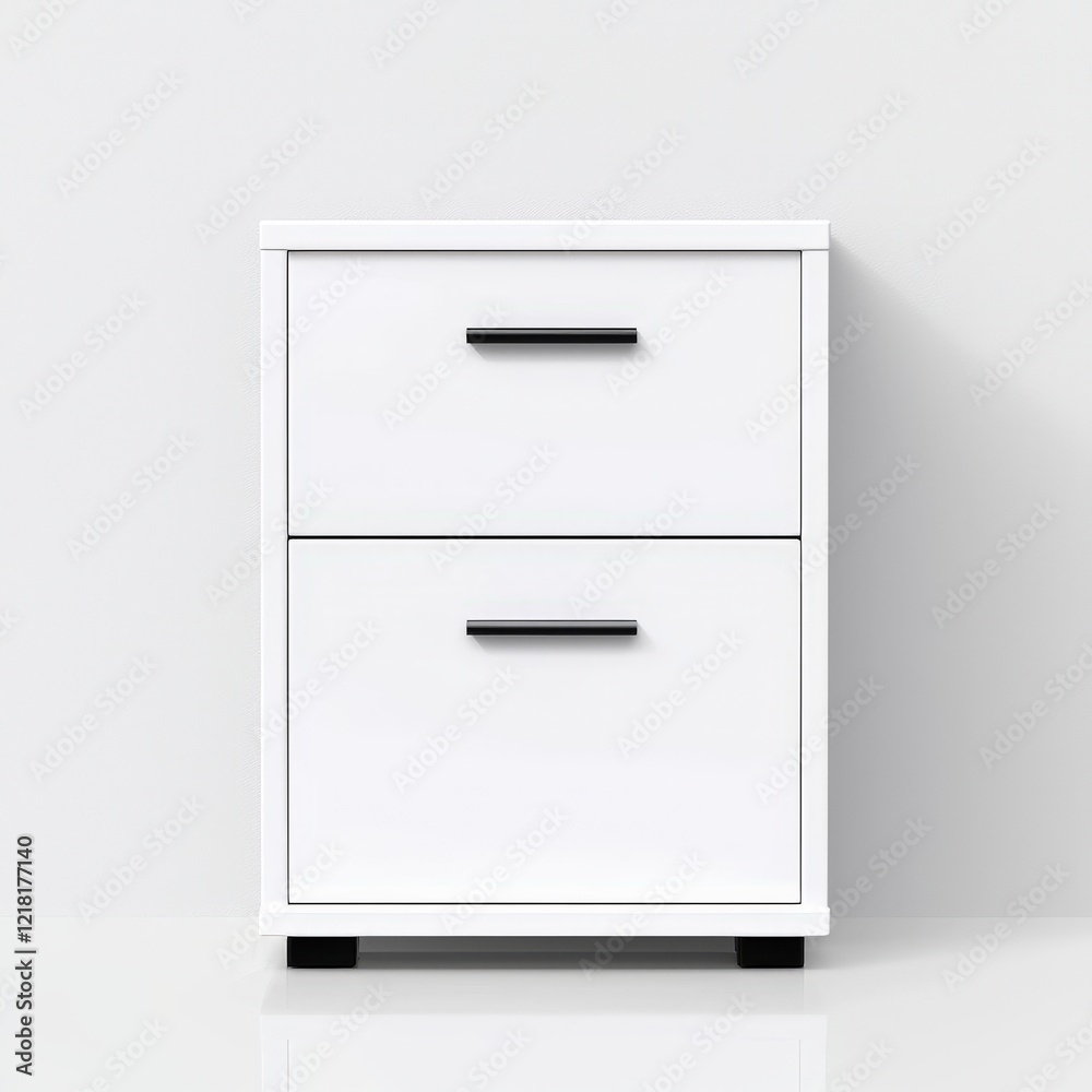 White nightstand with two drawers and file cabinet against a clean white background with simple lines White nightstand with two drawers and file cabinet against a clean white background with simple lines