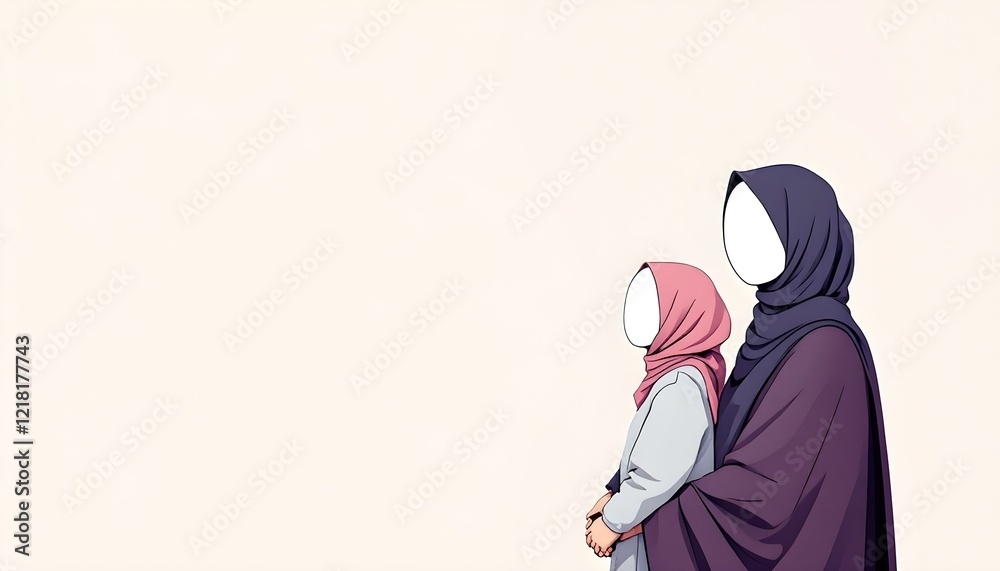Obraz premium A mother and daughter wearing long hijabs, without facial features, holding hands, positioned on the side with a soft-colored background.