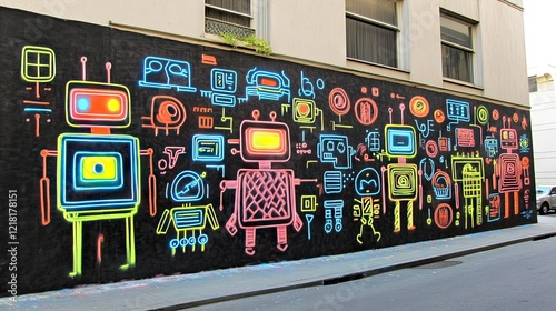 Colorful robot mural on city wall, urban art, background buildings