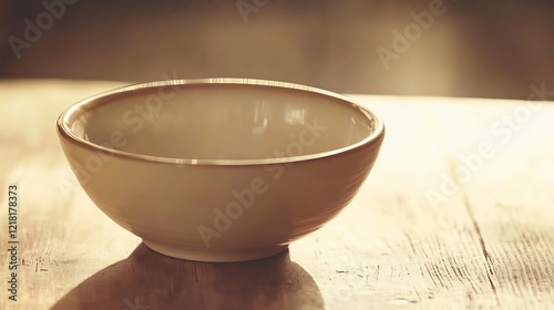 Empty White Bowl Sits On Wooden Table photo