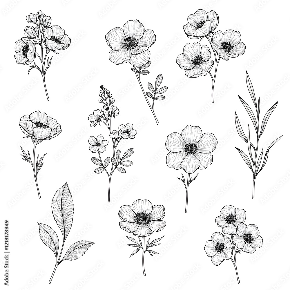 Monochromatic floral illustrations with delicate linework, black and white theme Monochromatic floral illustrations with delicate linework, black and white theme