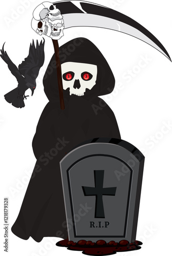 Cartoon grim reaper with scythe grave raven vector