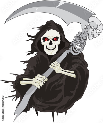 Smiling grim reaper holding his scythe
