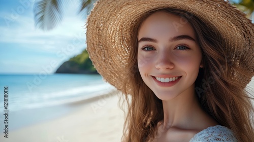 closeup shot of a good looking female tourist. Enjoy free time outdoors near the sea on the beach. Looking at the camera while relaxing on a clear day Poses for travel selfies smiling happy tropical #1218180116