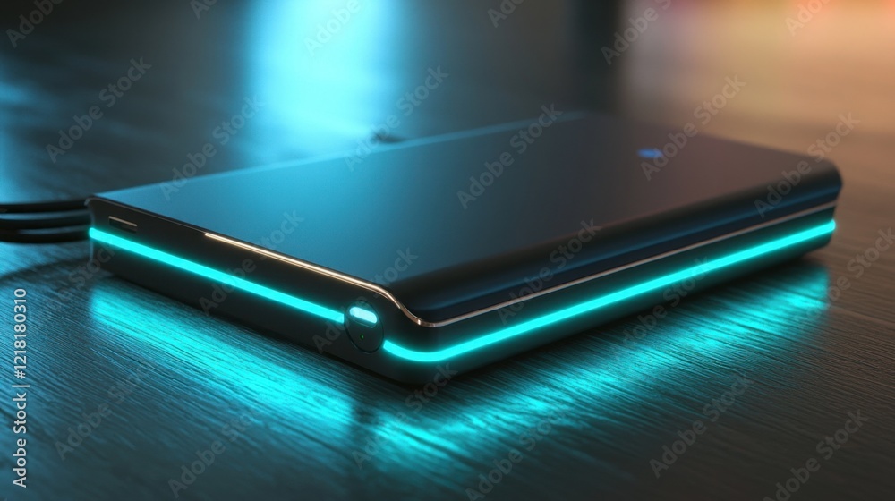 Sleek Power Bank with Glowing LED Accent on Dark Wooden Surface Sleek Power Bank with Glowing LED Accent on Dark Wooden Surface