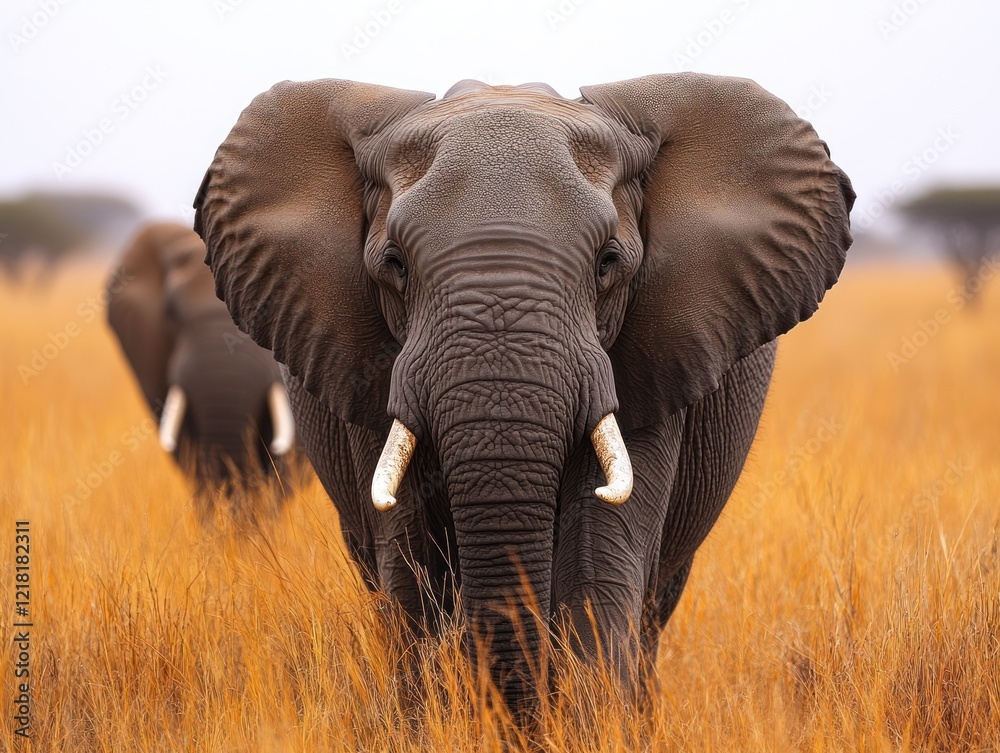 Naklejka premium Majestic African elephants stroll through golden grasslands of the Savannah