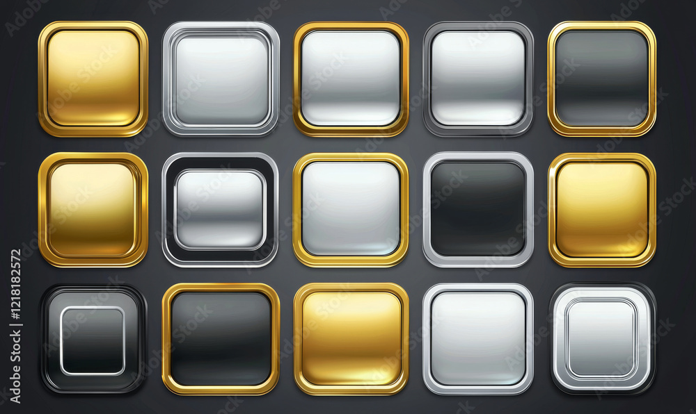 Metallic Button Collection with Round and Rectangular Designs for UI, Collection of Metallic Round and Rectangular Buttons with Glossy Finishes Metallic Button Collection with Round and Rectangular Designs for UI, Collection of Metallic Round and Rectangular Buttons with Glossy Finishes