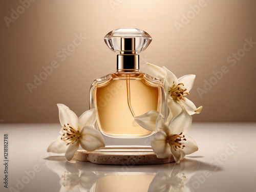 This perfume bottle is highlighted by the soft presence of white flowers.