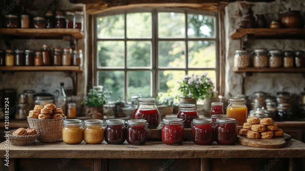 Cozy Rustic Kitchen Display with Homemade Preserves and Ingredients on Wooden Surface