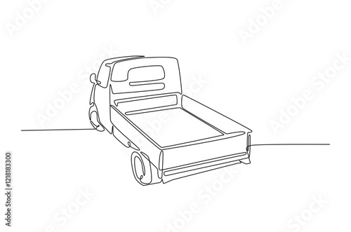 Mini pick-up truck in continuous one line drawing. Single line draw of pick up car illustration. Editable vector.