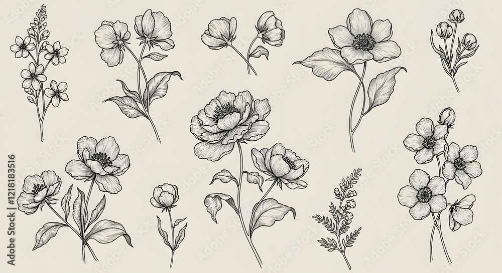 Monochromatic floral illustrations with delicate linework, black and white theme
